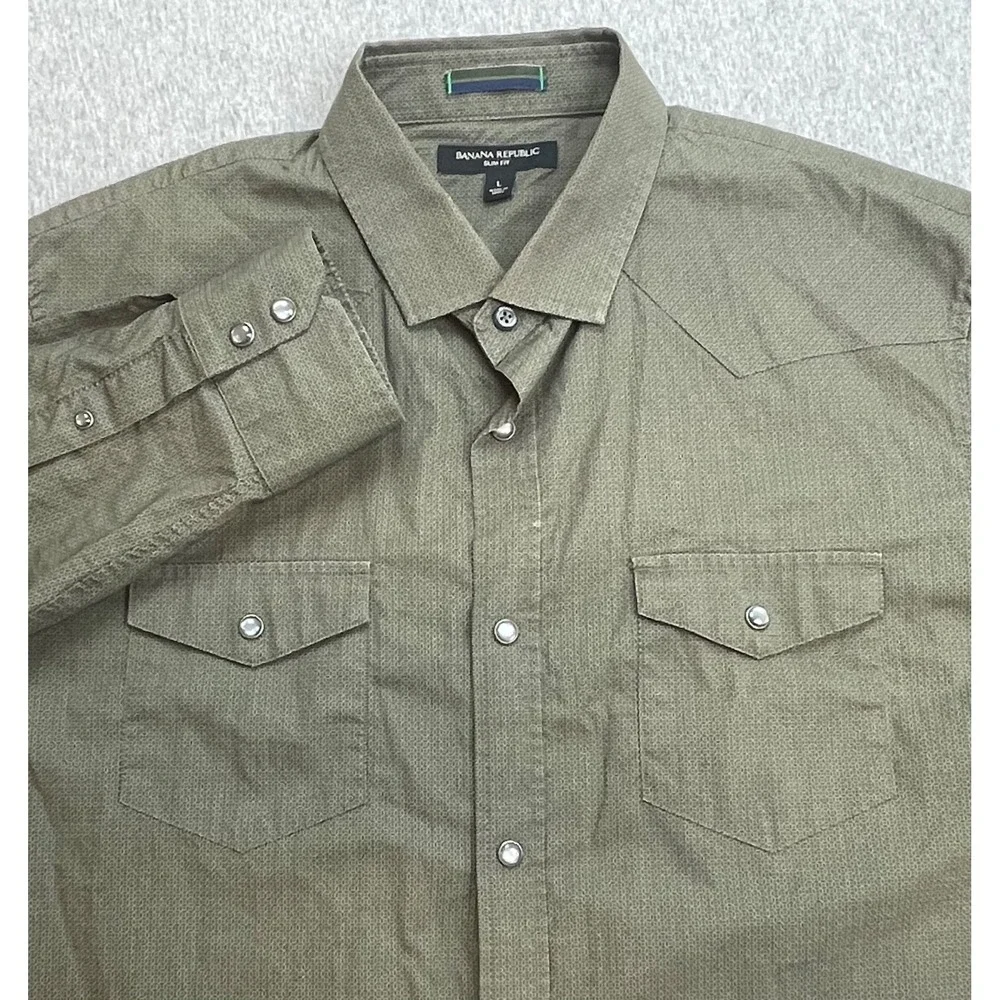 Banana Republic Shirt Mens Large Cotton Blend Stretch Slim Button Up Pearl Snap